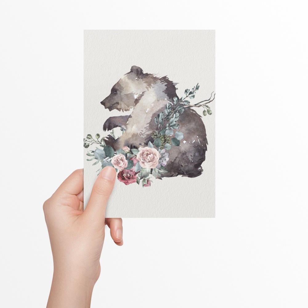 Watercolor Floral Bear Wall Art Print Poster Unframed - Picture 8 of 17